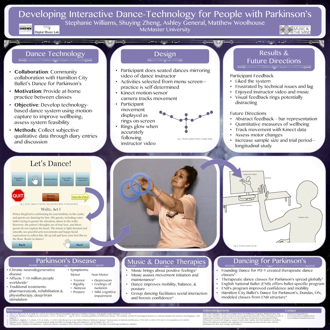 Poster for "Developing Interactive Dance-Technology for People with Parkinson's" by Stephanie Williams, Shuying Zheng, Ashley General, and Matthew Woolhouse.
