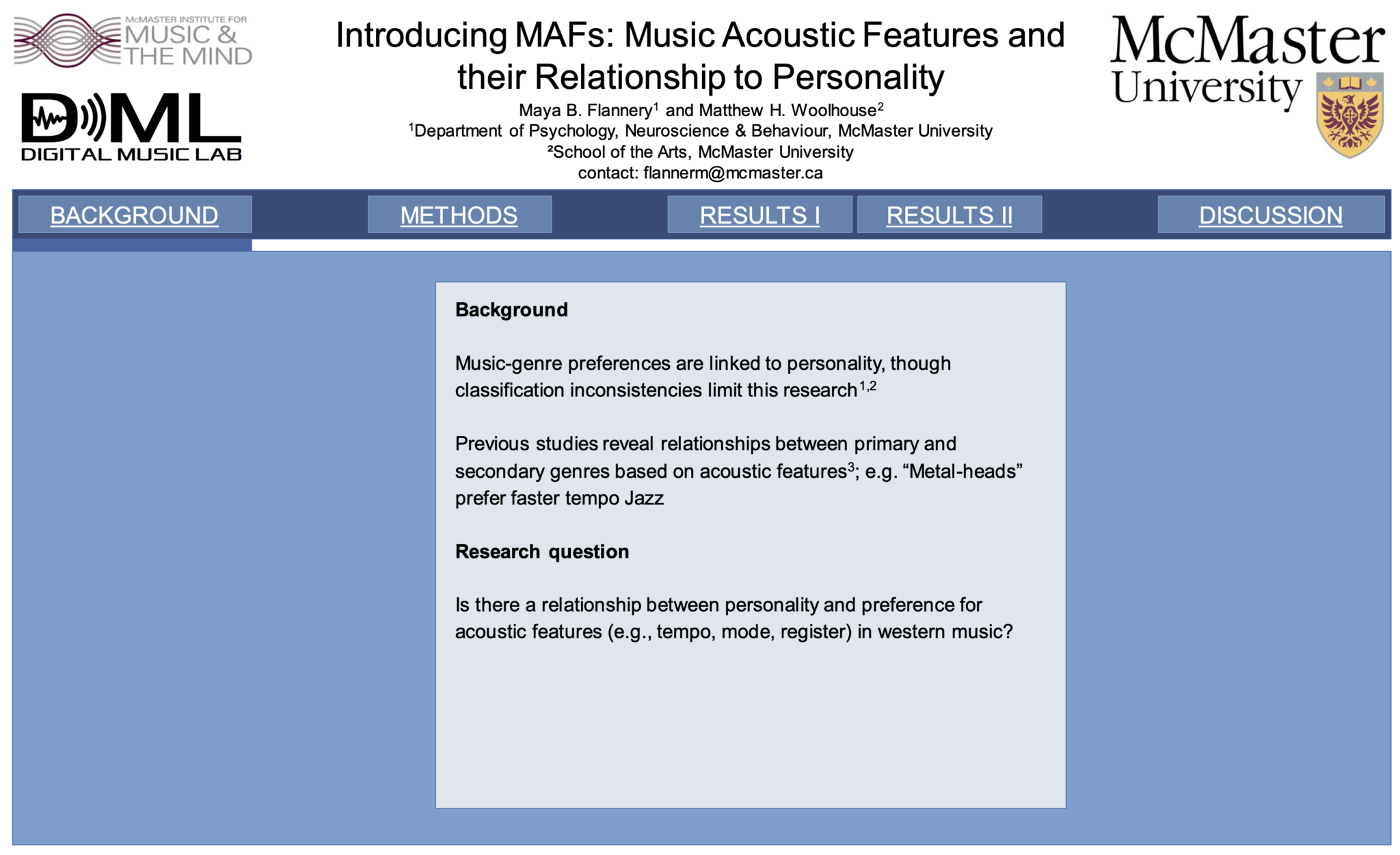 Part of the digital poster for "Introducing MAFs: Music Acoustic Features and their Relationship to Personality" by Maya B. Flannery and Matthew H. Woolhouse. This slide covers the background and research question posed by the paper.