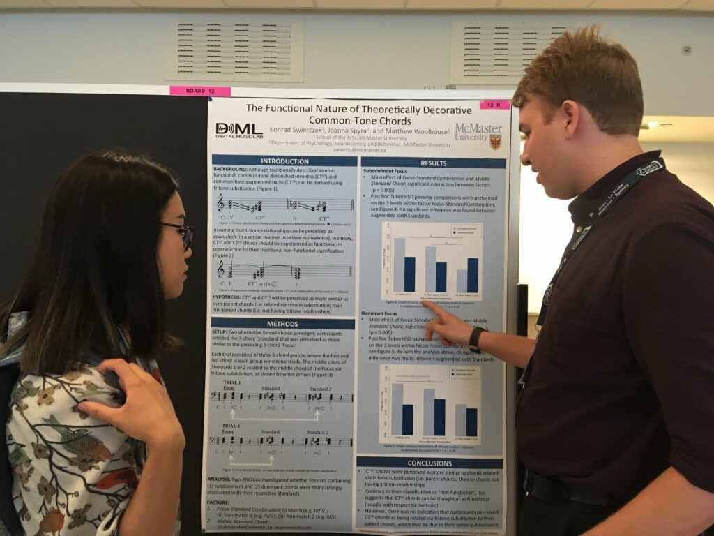 Konrad Sweirczek presenting their poster to an attendee at ICMPC 2018.
