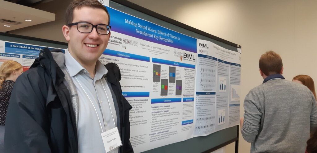 Graeme Noble posing in front of the poster they presented at the 2019 MIMM conference, while another student from the Digital Music Lab presents their research to an attendee in the background.