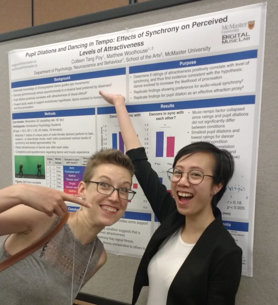 Colleen Tang Poy posing in front of the poster they presented at SMPC 2017 alongside another student from the Digital Music Lab, who is holding a muffin.